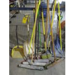 ASSORT BROOMS, DUST PANS & SHOVEL