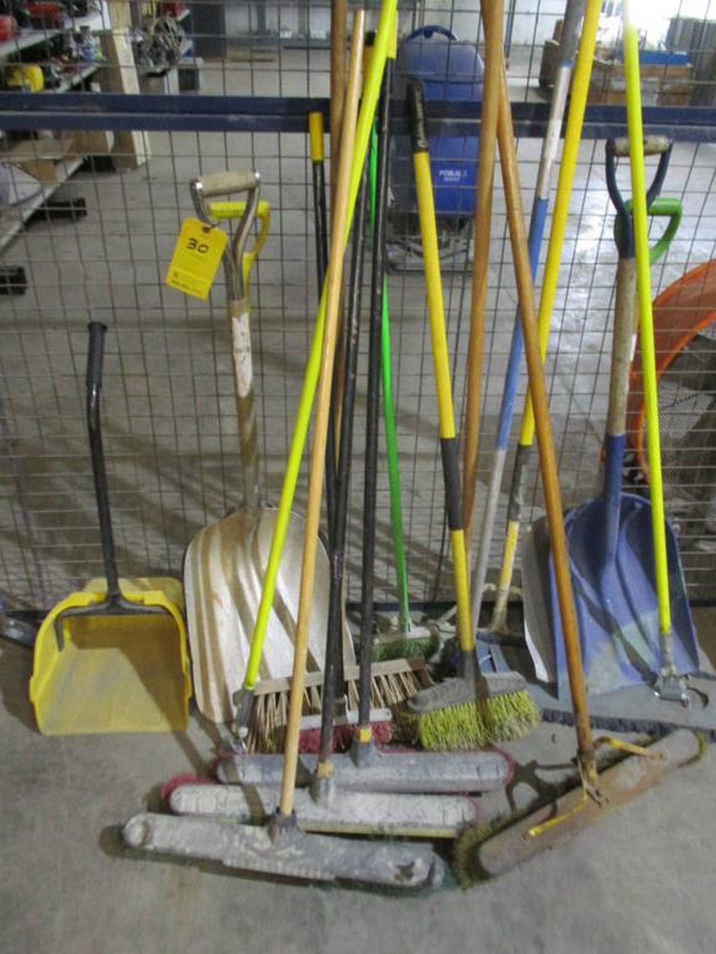 ASSORT BROOMS, DUST PANS & SHOVEL