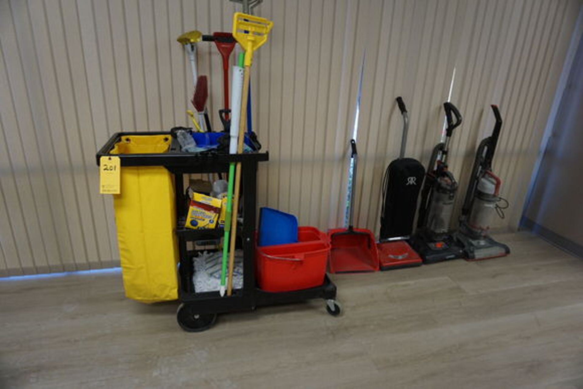 JANITORIAL CART, (4) VACCUM CLEANERS