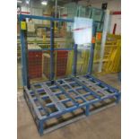 SINGLE SIDED METAL GLASS RACK, APPROX 5' X 8' X 6'H W/ (2) SHEETS TEMPERED GLASS, 1/4" X 63" X 92"