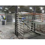 DOUBLE SIDED METAL GLASS RACK, APPROX 10' X 10' X 8' W/ HORIZONTAL HOLDER WELDED ON ONE SIDE
