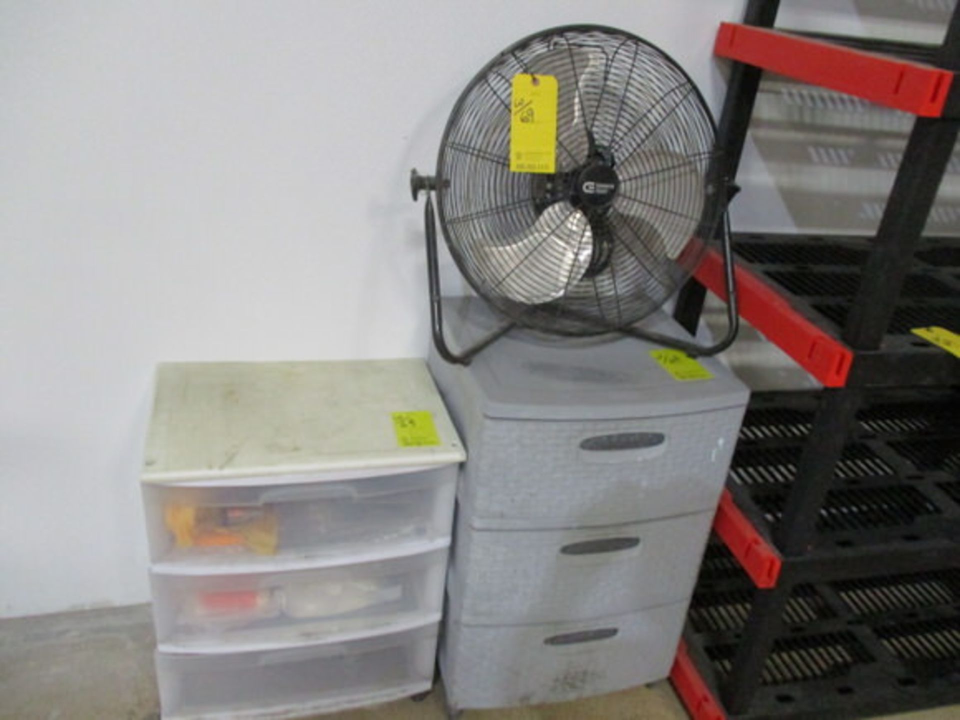 (4) PLASTIC SHELF UNITS, SMALL FLOOR FAN, (2) PLASTIC DRAWER UNITS & VARIOUS SUPPLIES - Image 2 of 2