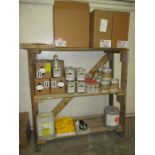 3 TIER SHOP MADE WOODEN SHELF W/ CONT: ASSORT PRIMER & COATINGS