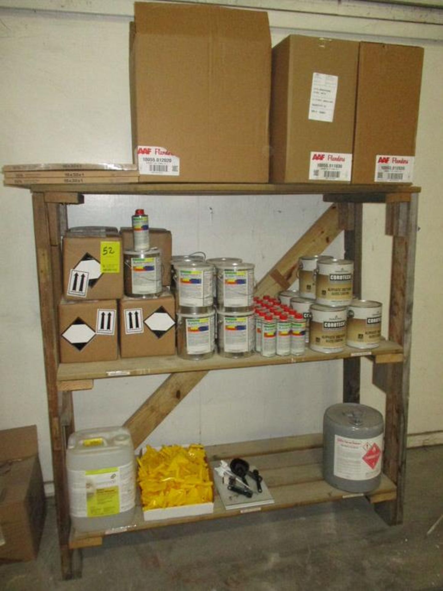 3 TIER SHOP MADE WOODEN SHELF W/ CONT: ASSORT PRIMER & COATINGS