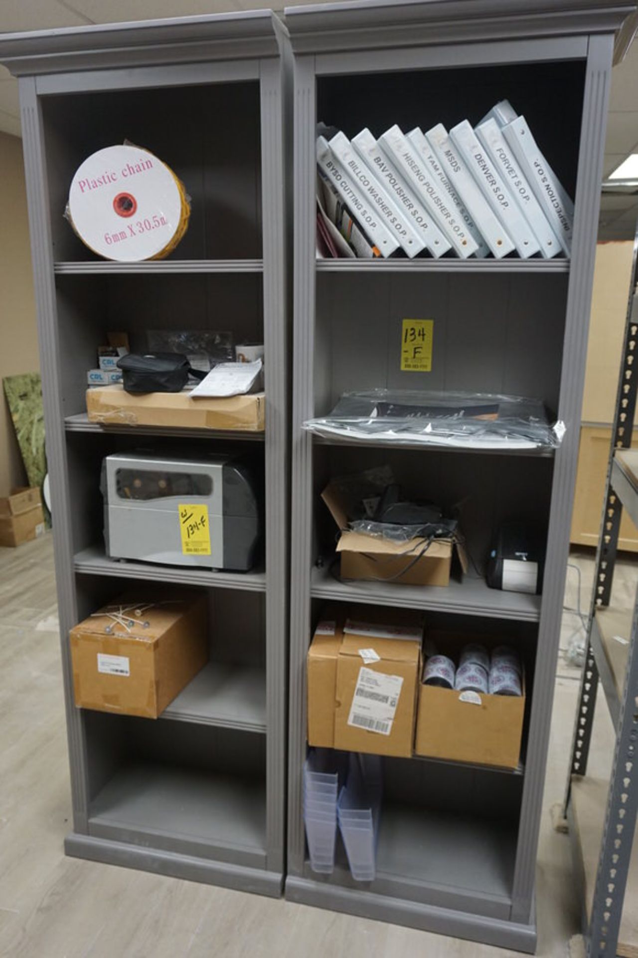 (2) BOOKSHELVES W/ CONT: ZEBRA PRINTER, RIBBONS, PLASTIC CHAIN, VDV MULTIMEDIA CABLE TESTER