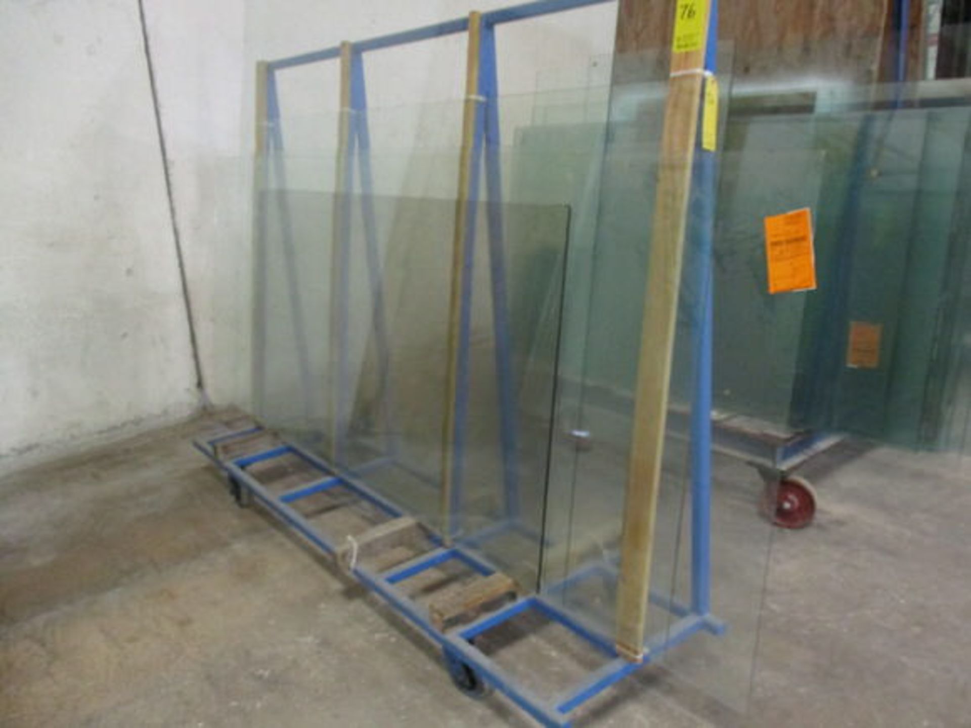 PORTABLE DOUBLE SIDED METAL GLASS RACK, APPROX 3' X 10' X 6.5' W/ (4) VAR SIZE GLASS