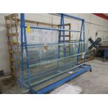 PORTABLE DOUBLE SIDED METAL GLASS RACK, APPROX 4' X 12' X 8' W/ (2) VARIOUS SIZE GLASS