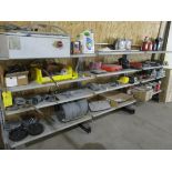 ASSORT TOOLS, PARTS W/ SHELVES IN (3) AREAS ALONG WALL