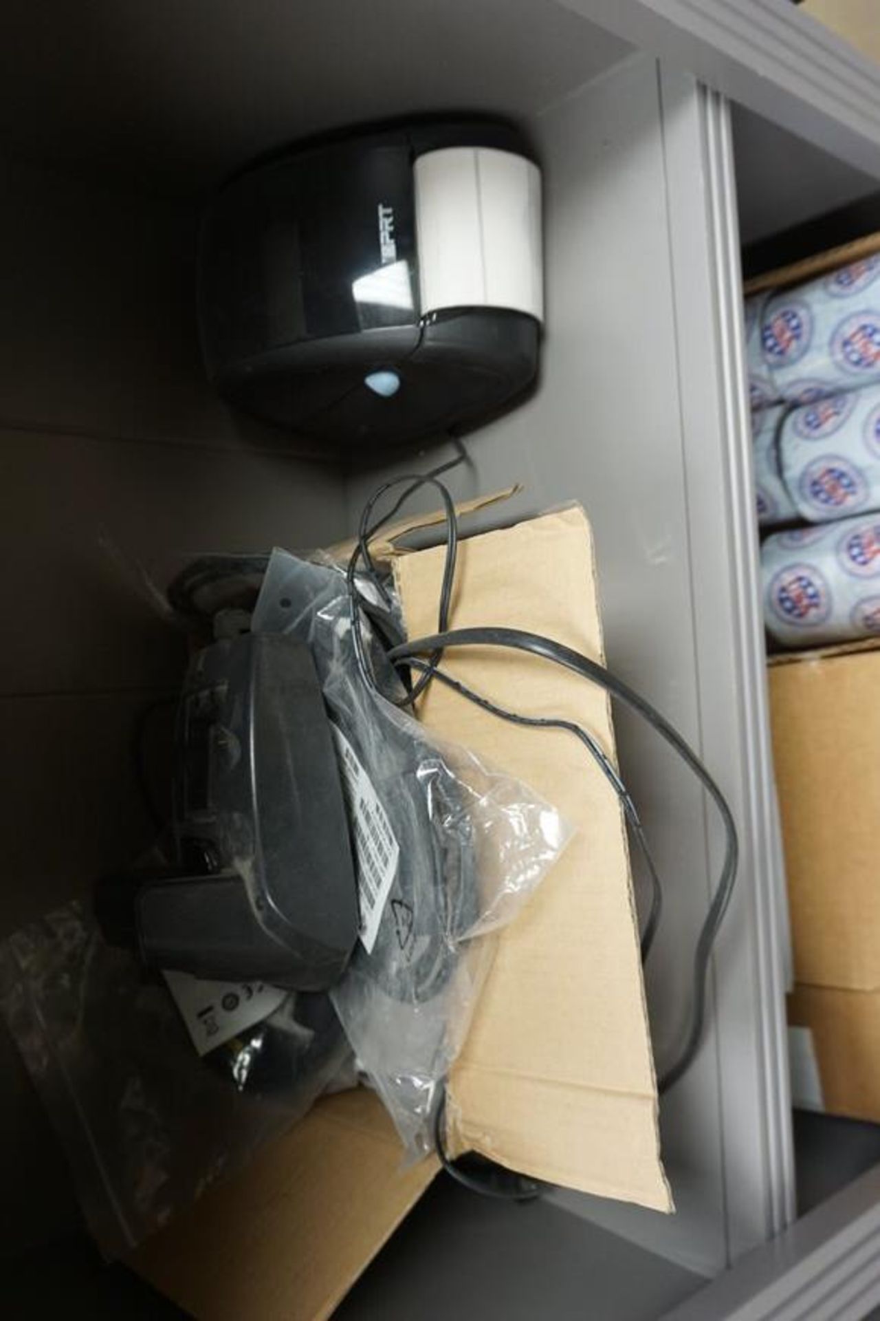 (2) BOOKSHELVES W/ CONT: ZEBRA PRINTER, RIBBONS, PLASTIC CHAIN, VDV MULTIMEDIA CABLE TESTER - Image 3 of 9