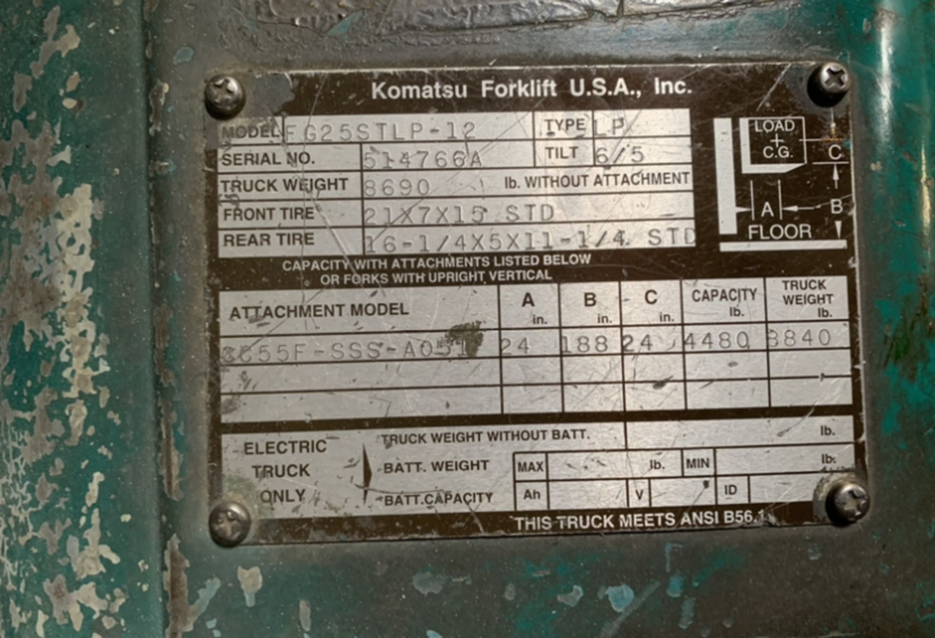 Komatsu FG25STLP-12 Forklift, Cap: 4,480 LB, Lft Ht, 188”, Pneumatic Tires, LP Gas - Image 7 of 8