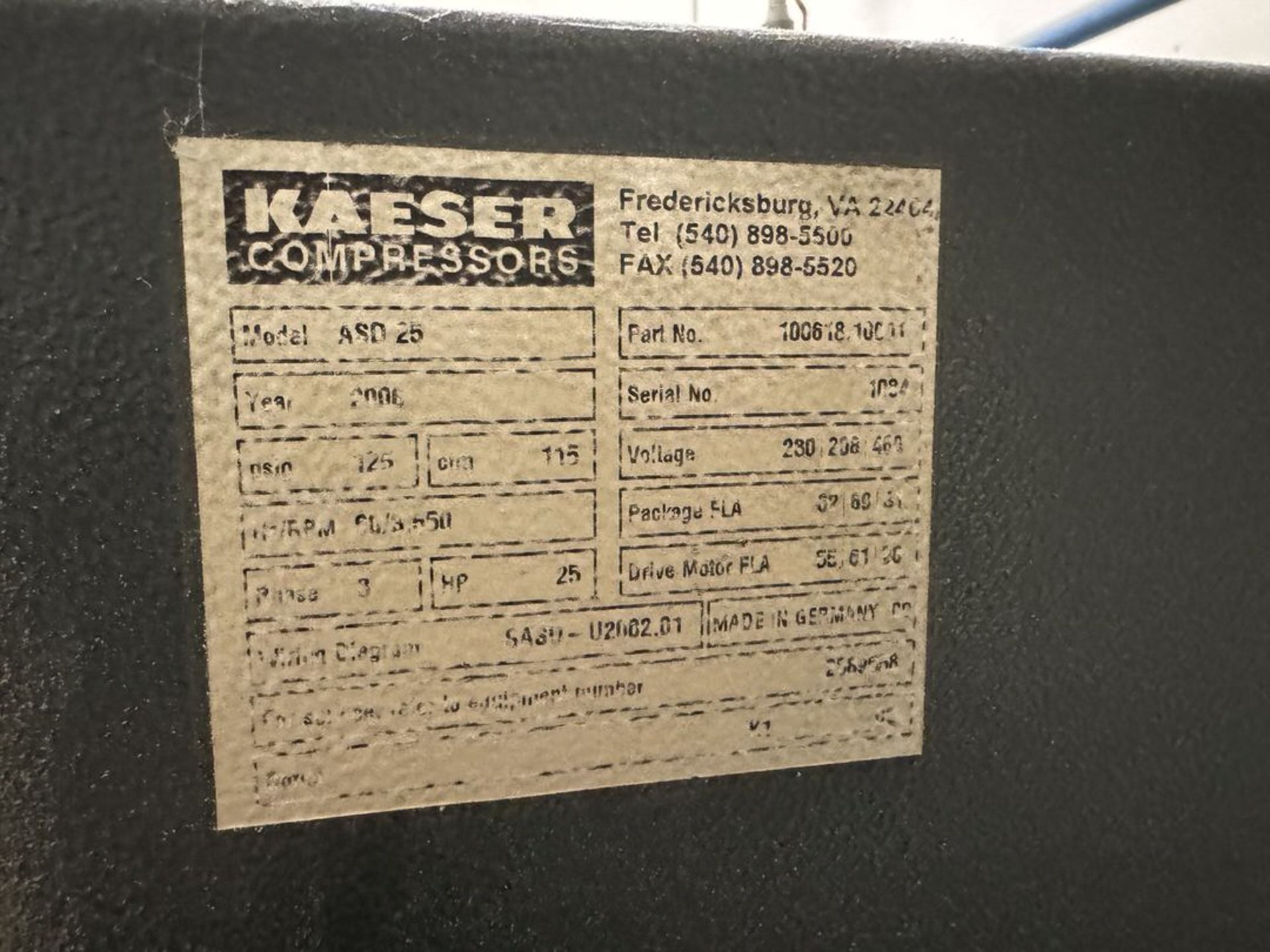 Kaeser ASD 25 Compressor system: SchulzADS 125 Compressed Air Dryer, Kaeser Air Receiving Tank - Image 2 of 4
