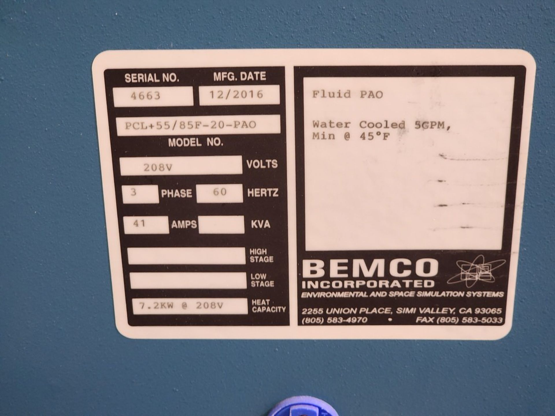 2016 Bemco Chiller 208V, 3PH, 60hZ, 41A - Image 7 of 7