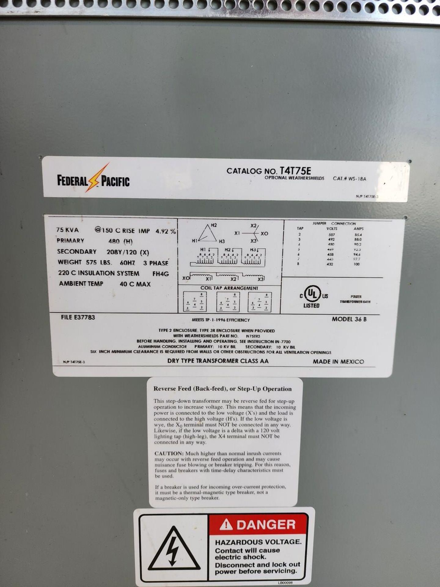 Federal Pacific Transformer (For Kitamura) 40KVA, 480/208V (Unused) - Image 6 of 6