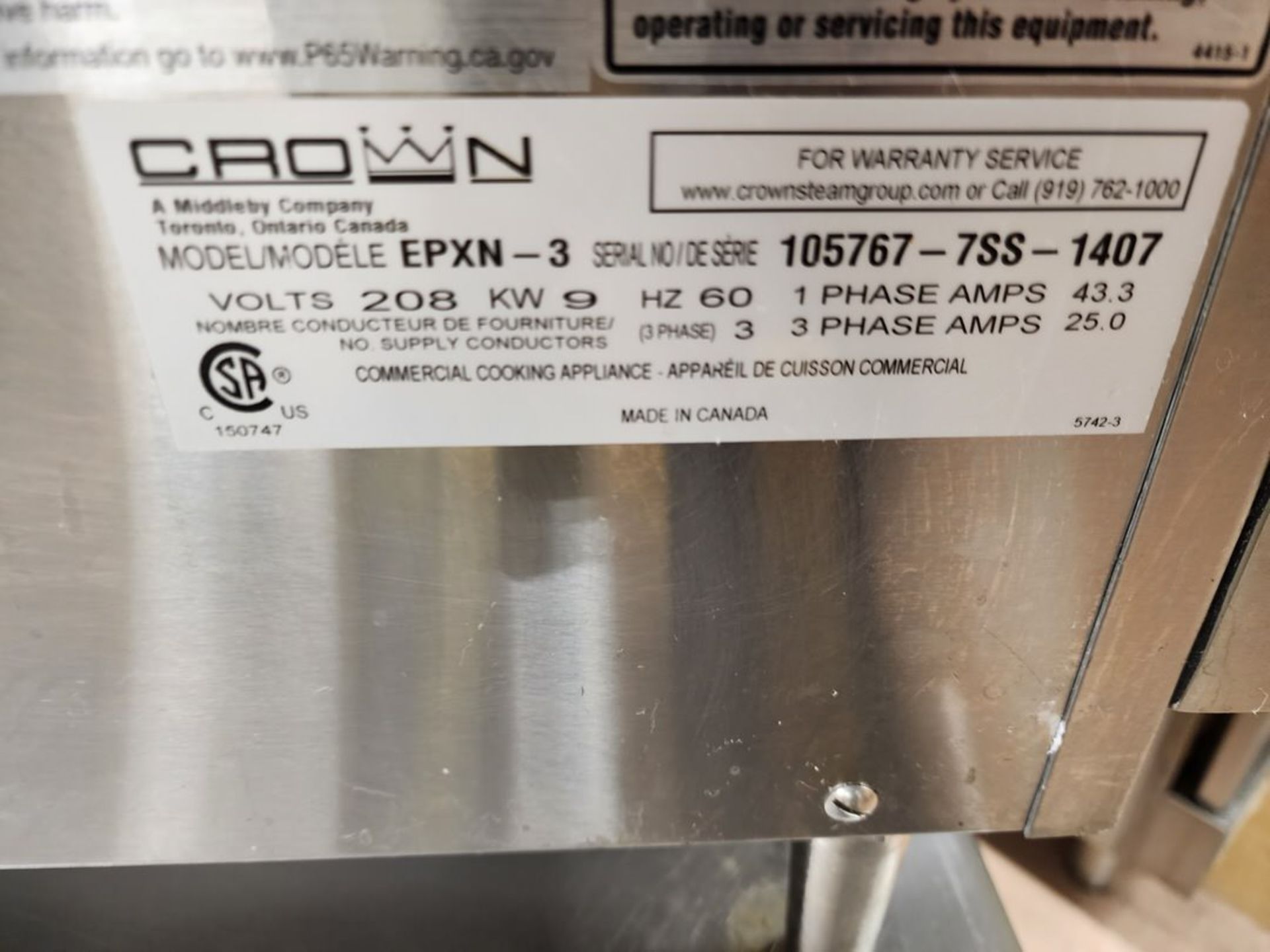 Crown EPXN-3 Pan Convection Steamer 208V, 9kw, 1/3PH - Image 6 of 8