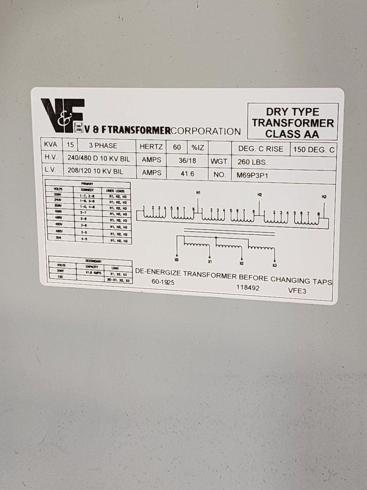 V&F V8 Transformer 15KVA, 240/480V - Image 3 of 6
