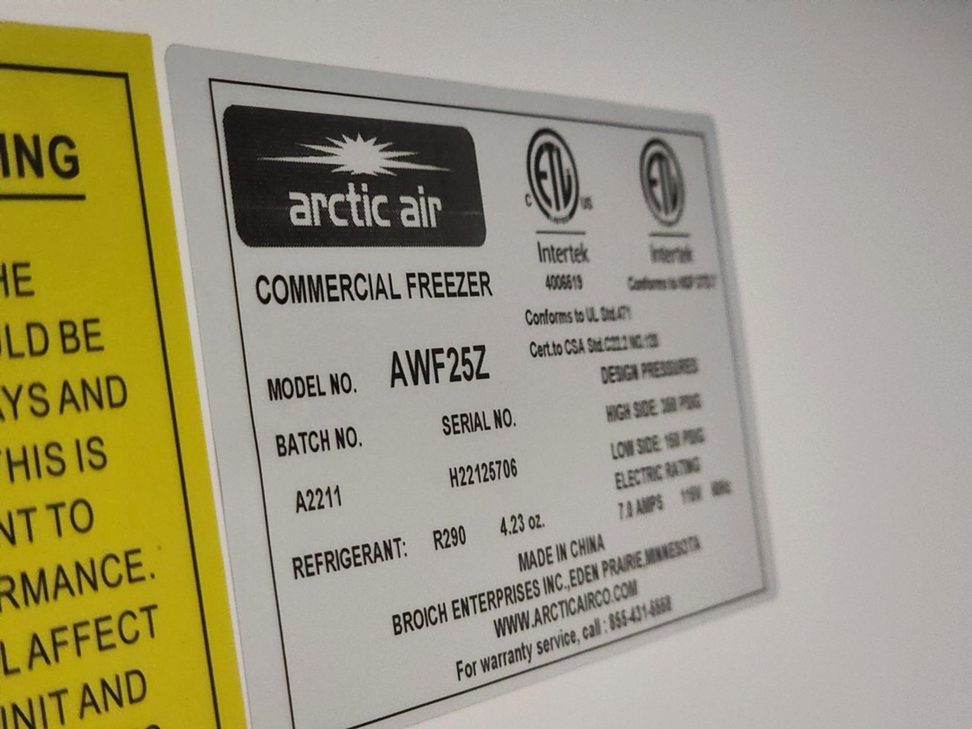 Arctic Air AWF25Z Commercial Freezer DP Psig: 360/160; R290, 7A, 115V - Image 5 of 5