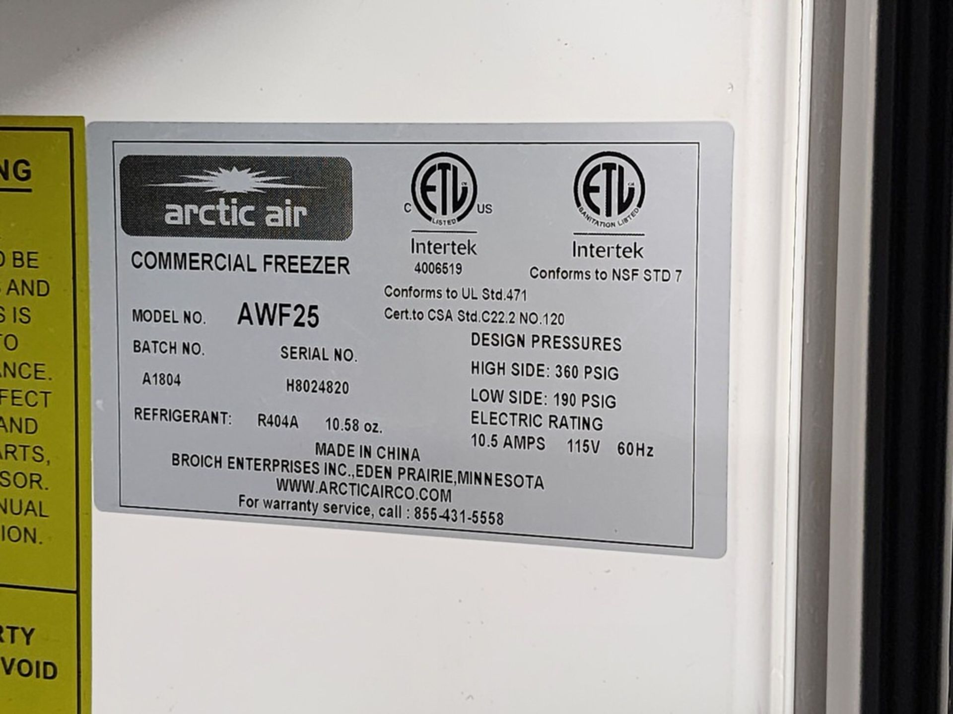 Arctic Air AWF25 Commercial Freezer DP Psig: 360/190; R404A, 10.5A, 115V - Image 6 of 6