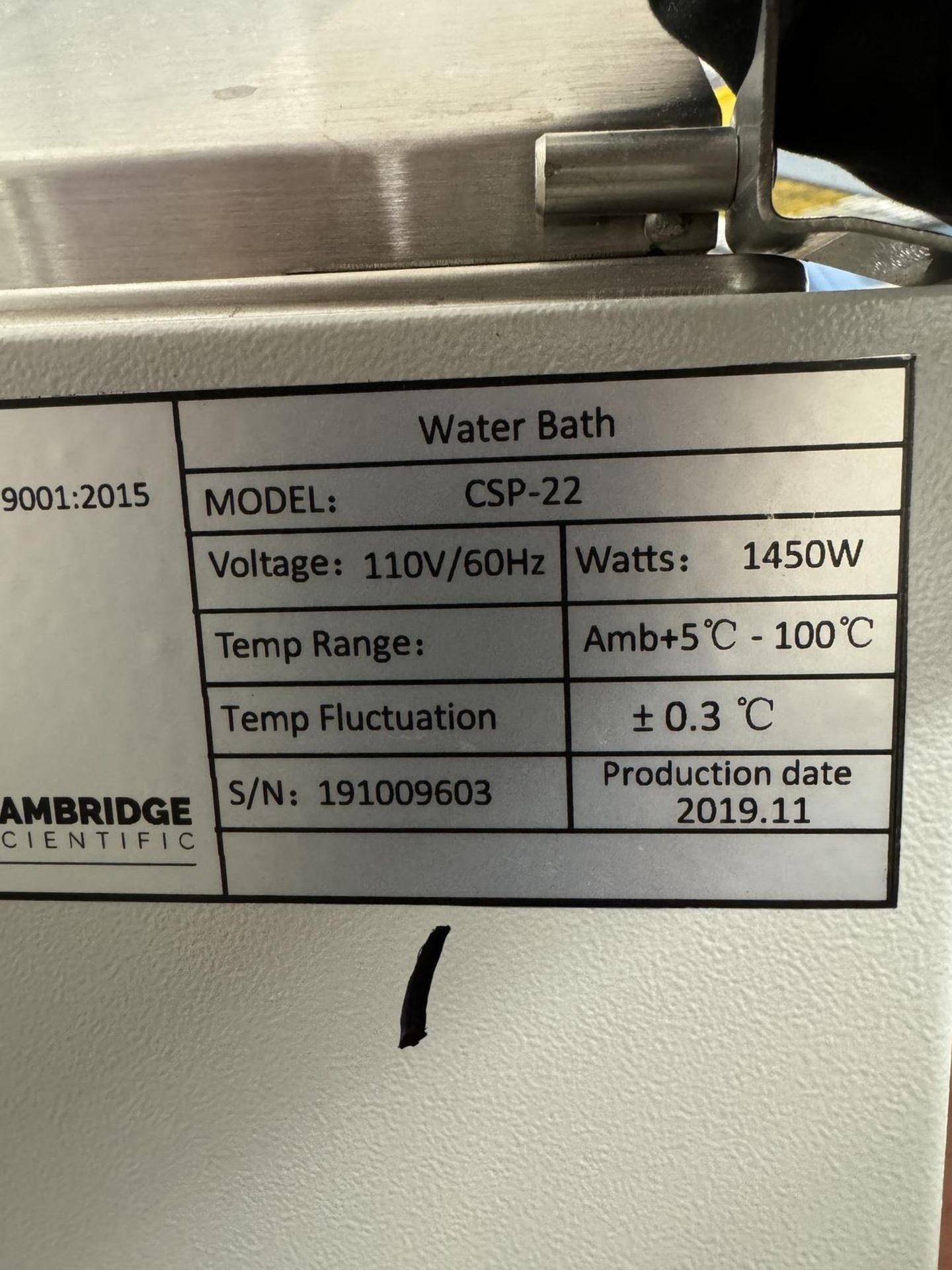 (1) Cambridge Scientific Model CSP-22 Water Bath, S/N 191009603, 1450 Watt, Range AMB+ 5¡ - 100¡ C - Image 4 of 4