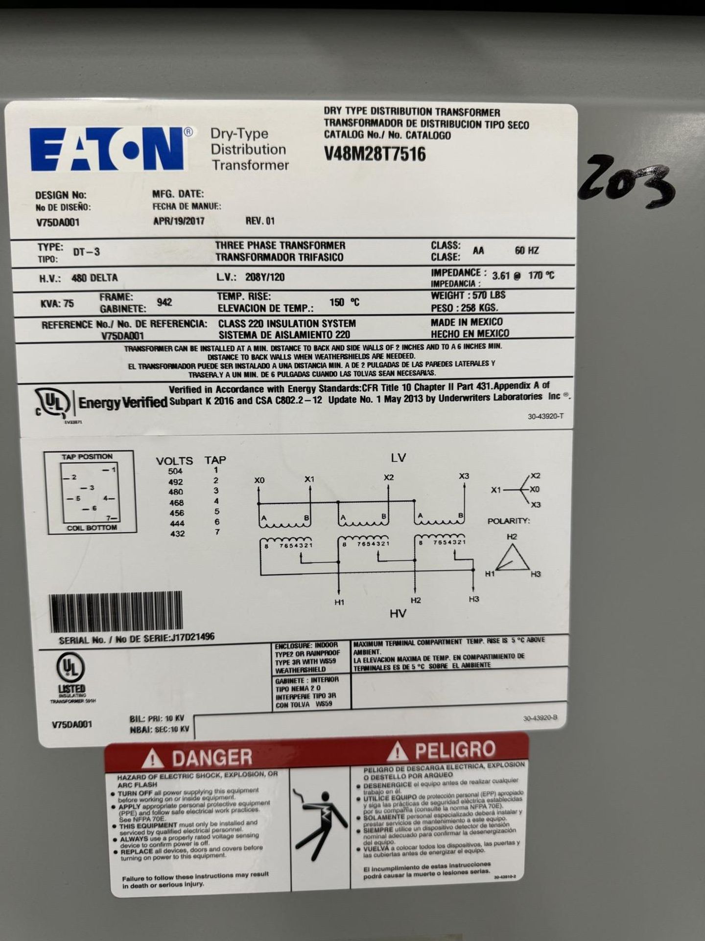 2017 Eaton V48M28T7516 Transformer Type DT-3, 75 KVA, 3 Phase - Image 2 of 3