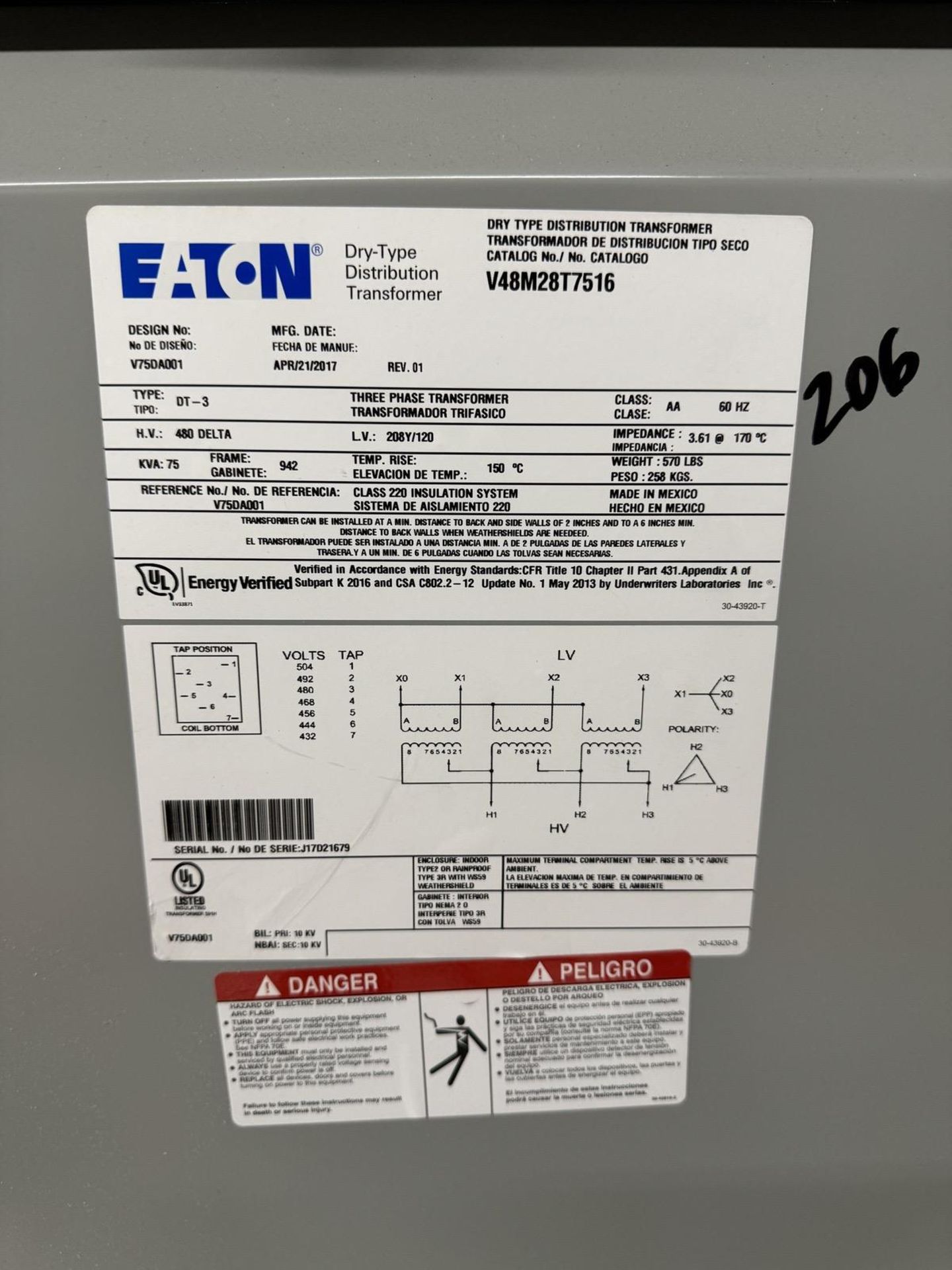 2017 Eaton V48M2BT 7516 Transformer, Type DT-3, 75 KVA, 3 Phase - Image 3 of 3