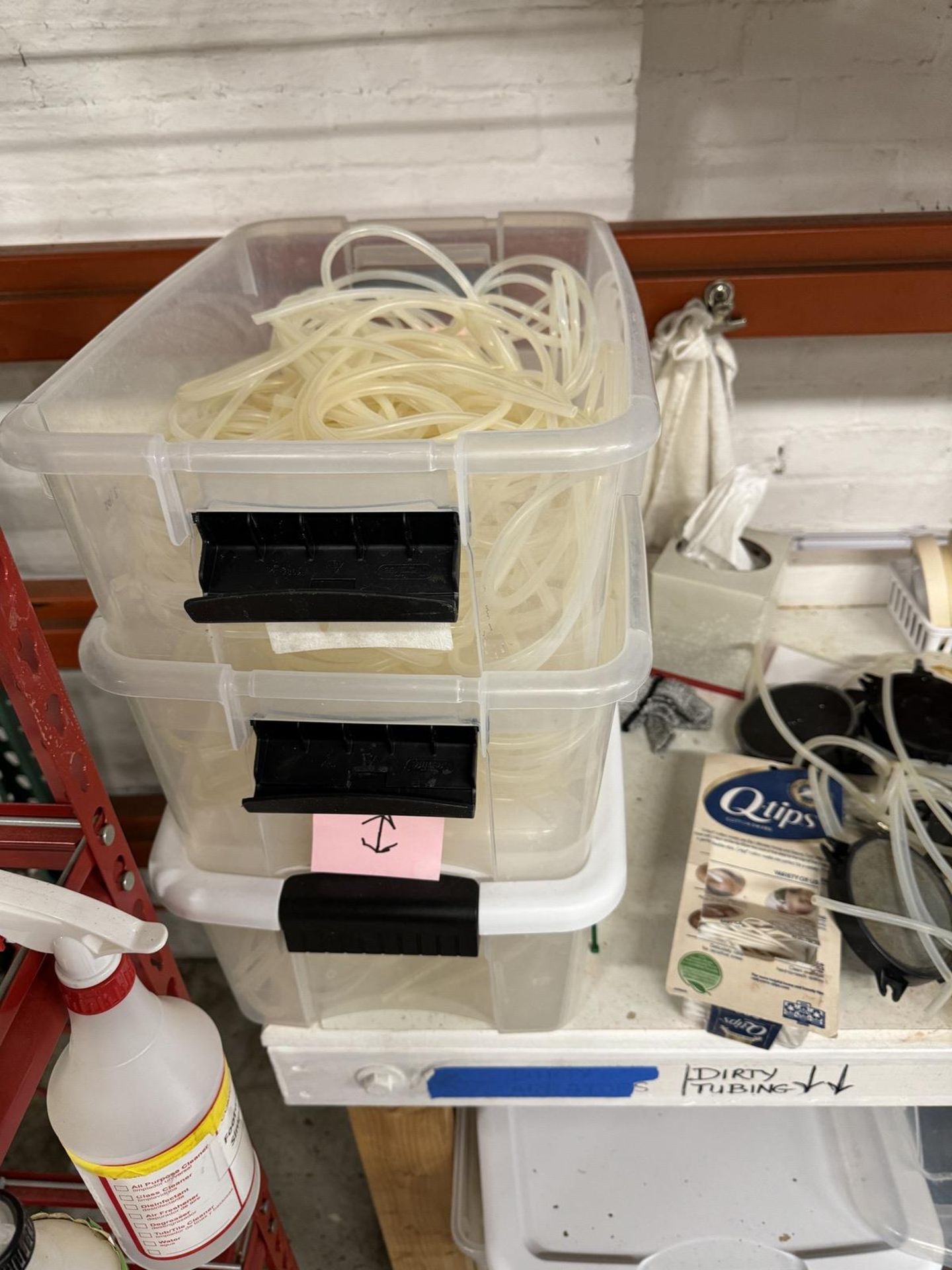 Lot Black Wire Rack, Red Clip Shelf, Stones, Aerators, Tubing, Plastic Bins in Area - Image 5 of 12