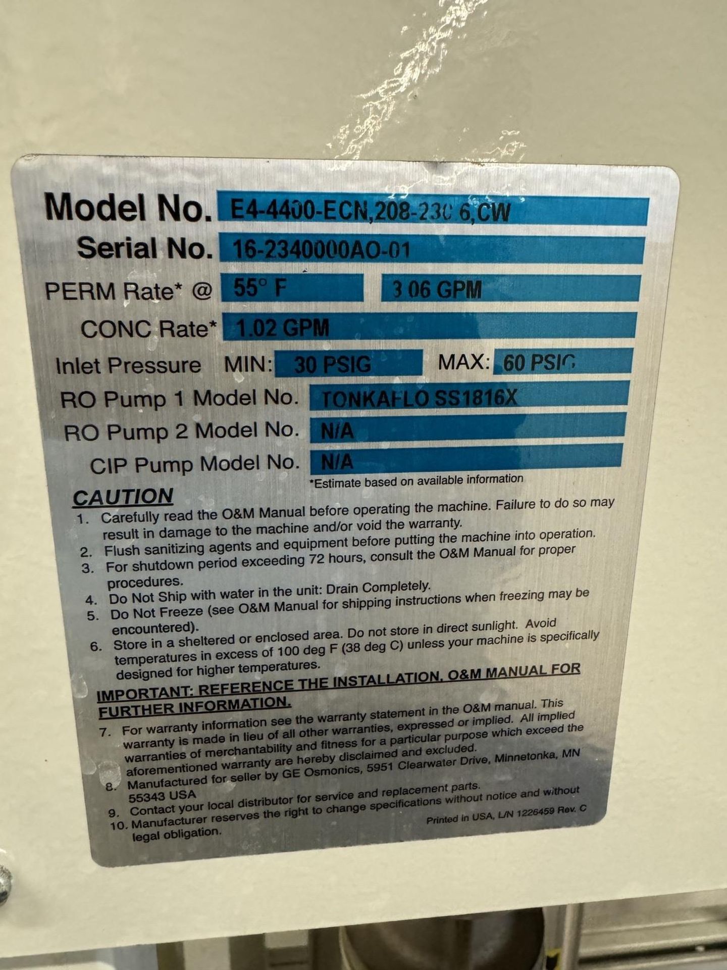 RO System Including GE Power & Water Process TechnologiesModel E4-4400-ECN, 208-23C6,CW Sytem s/n - Image 3 of 14