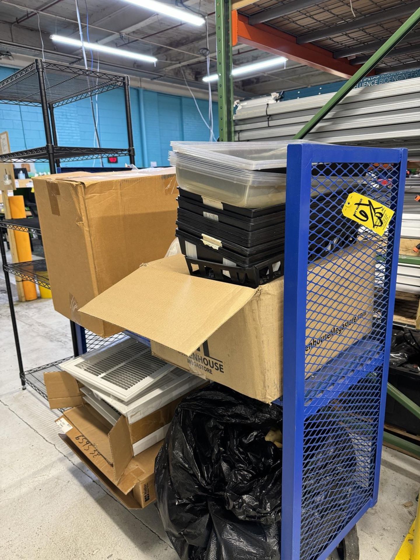 Lot Blue Port. 2 Shelf Cart with Vent Covers, Plastic Trays, Filters, Etc.
