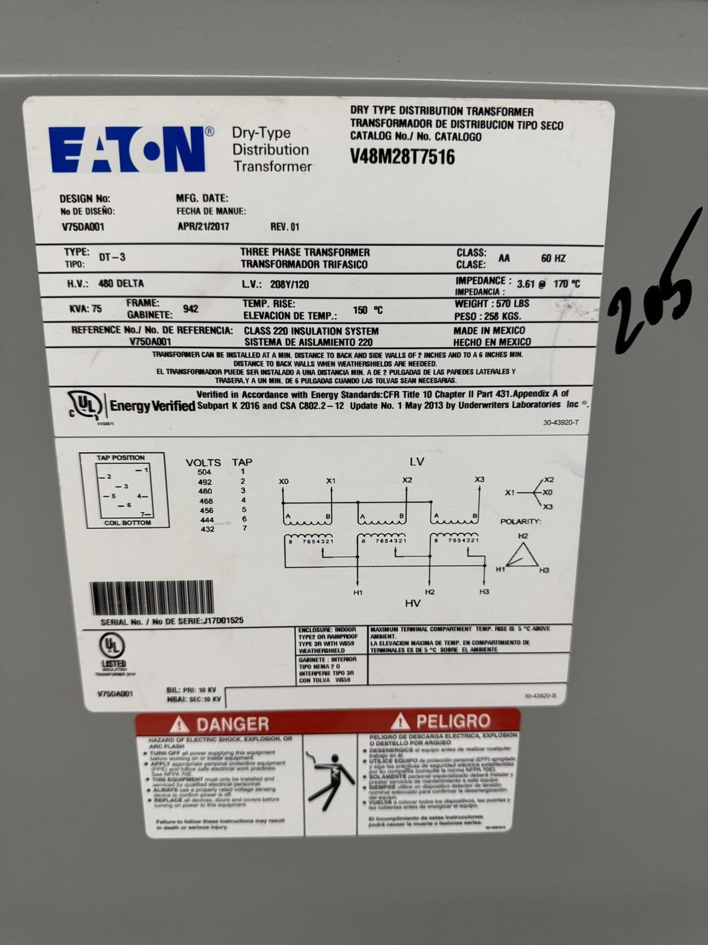 2017 Eaton V48M2BT7516 Transformer, Type DT-3, 75 KVA, 3 Phase - Image 3 of 3