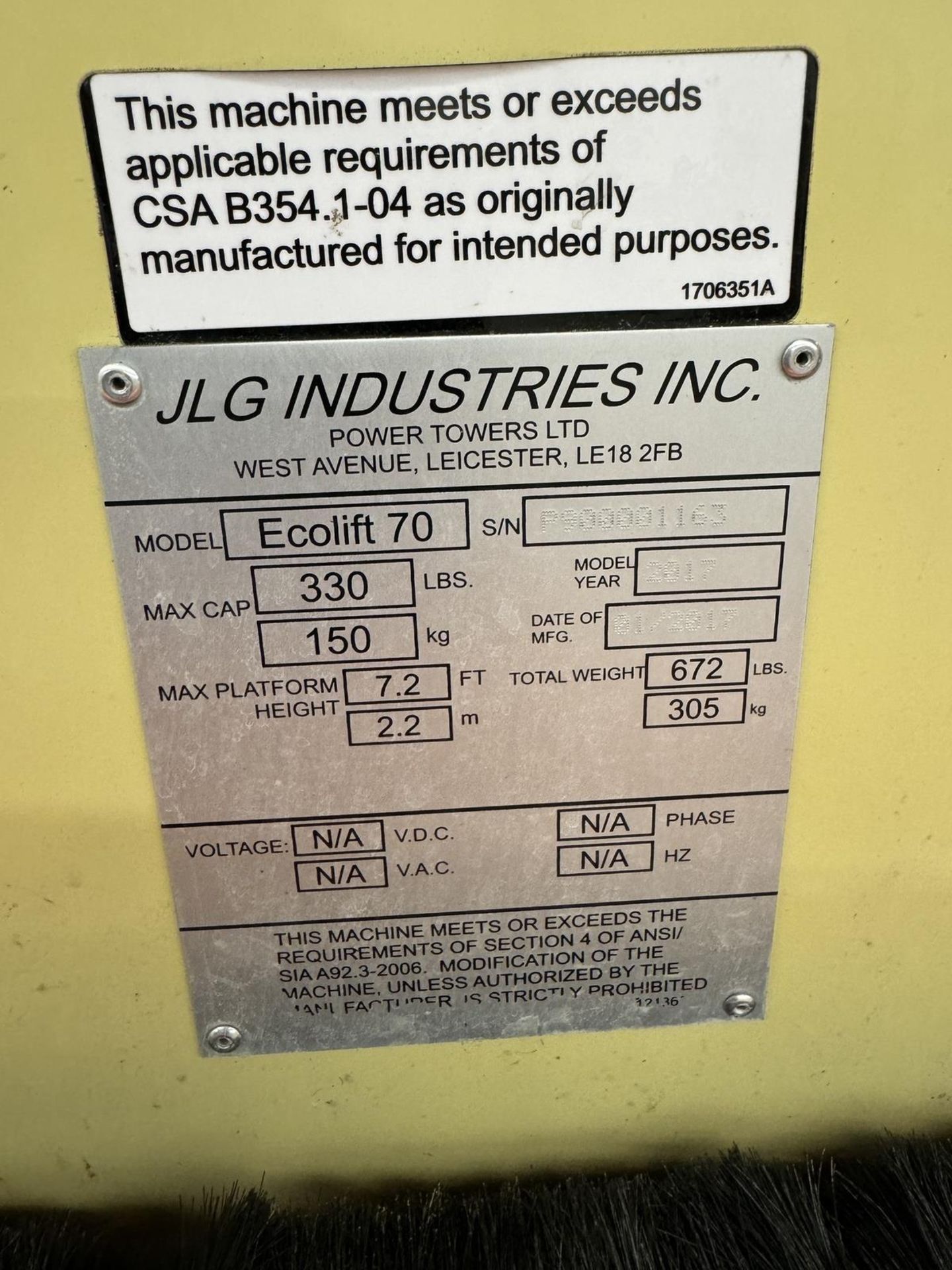 2017 JLG Ecolift 70 Manual Personell Lift s/n P900001163, 330 Lb. Max. - Image 8 of 9