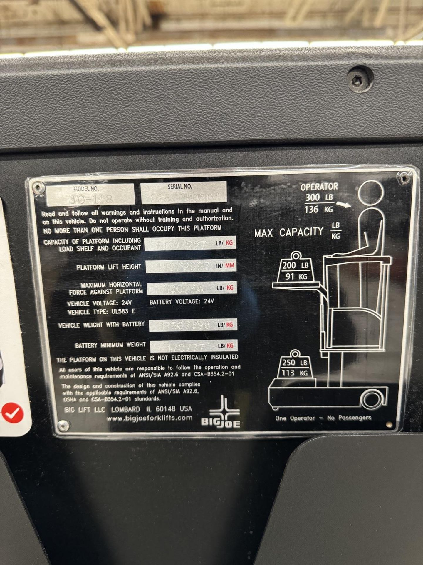 Big Joe Joey Zero Electric Task Support Lift Model JO-118, s/n 2281700061, 500 Lb. Max., 118" Lift - Image 2 of 9