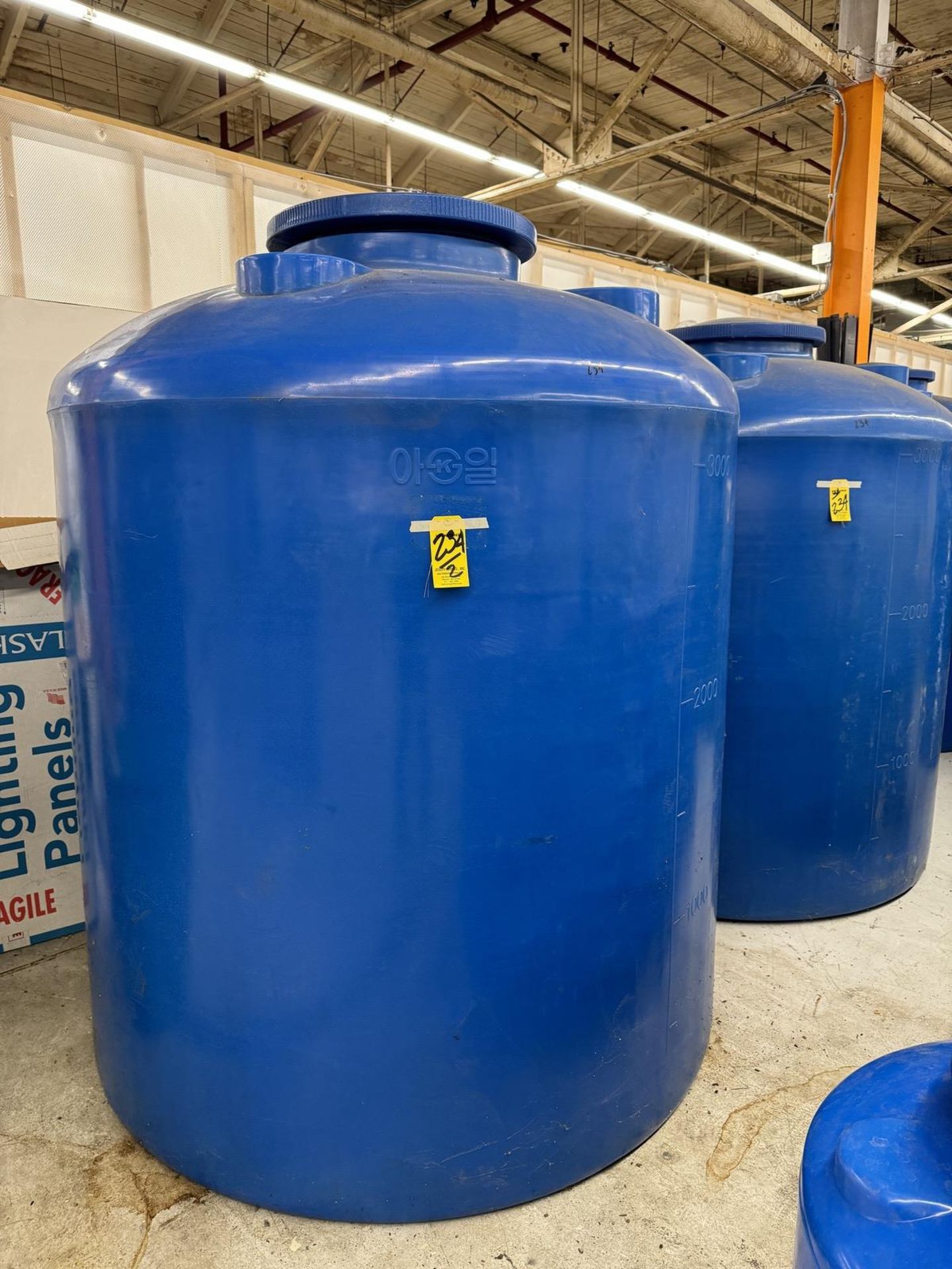 Lot (2) Blue Poly 3,000 Liter Containers, Screw Top Lids