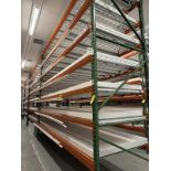 Lot (4) Sections Orange & Green Tear Drop Shelving 12'L x 4'D x 11'H, 7 Tier, Wire Decking, Grow