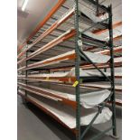 Lot (2) Sections Orange & Green Tear Drop Shelving 12'L x 4'D x 11'H, 7 Tier, Wire Decking, Grow