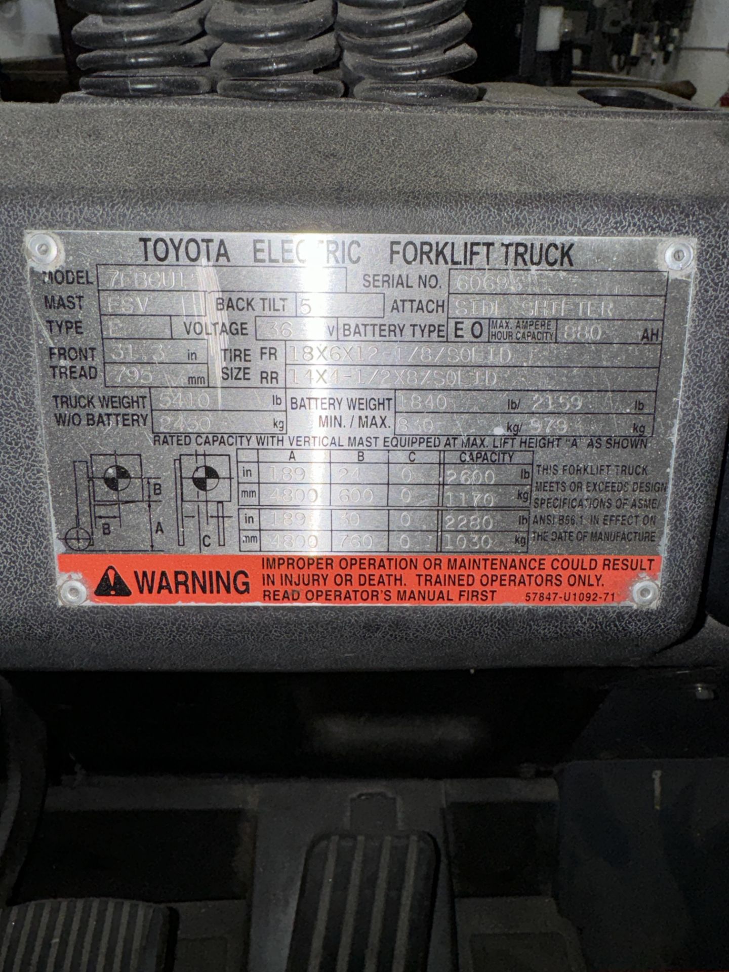 (1) Toyota 7FBCU15 Electric Forklift s/n 60693, 2,600 # Capacity, 189” Lift, Side Shift, Mac VFC- - Image 4 of 12