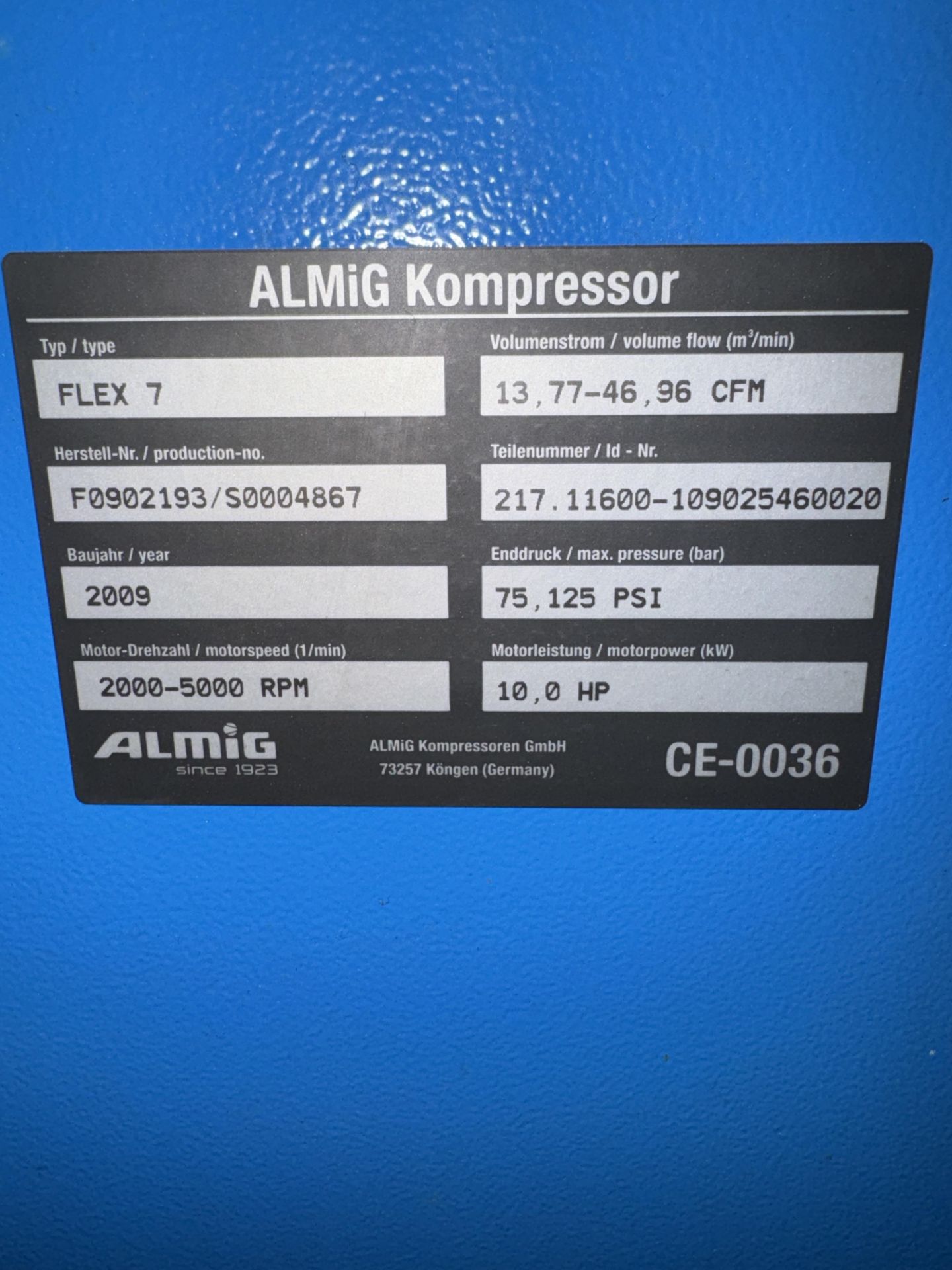 (1) 2009 Almig Type Flex 7 Air Compressor, # F0902193/S0004867 w/ SPX Deitch HG35 Air Dryer - Image 4 of 8