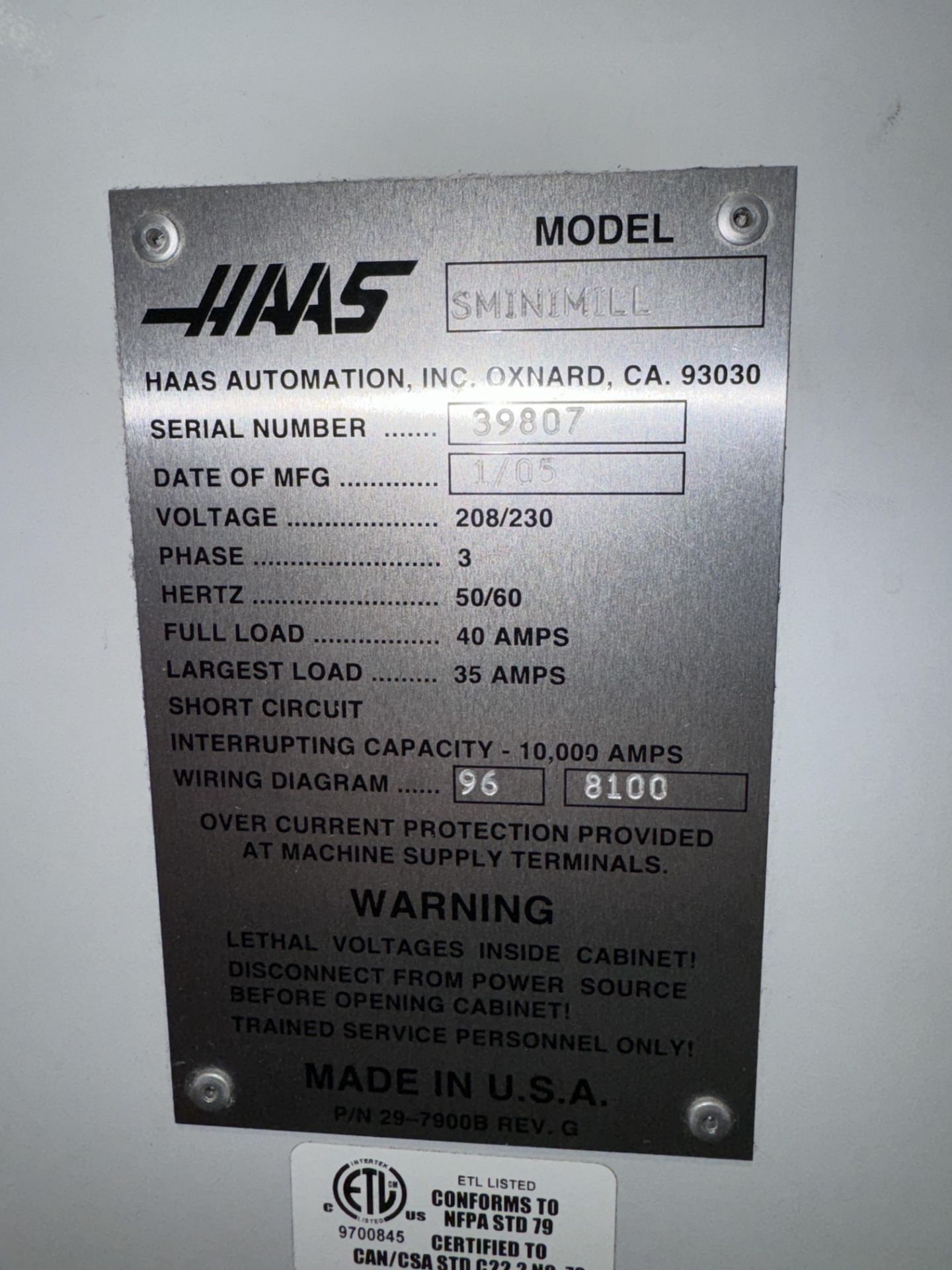 (1) 2005 Haas Super Mini Mill s/n 39807, Travels: 16" x 12" x 10", Cat-40 Taper, 10,000 RPM, 10 - Image 7 of 9