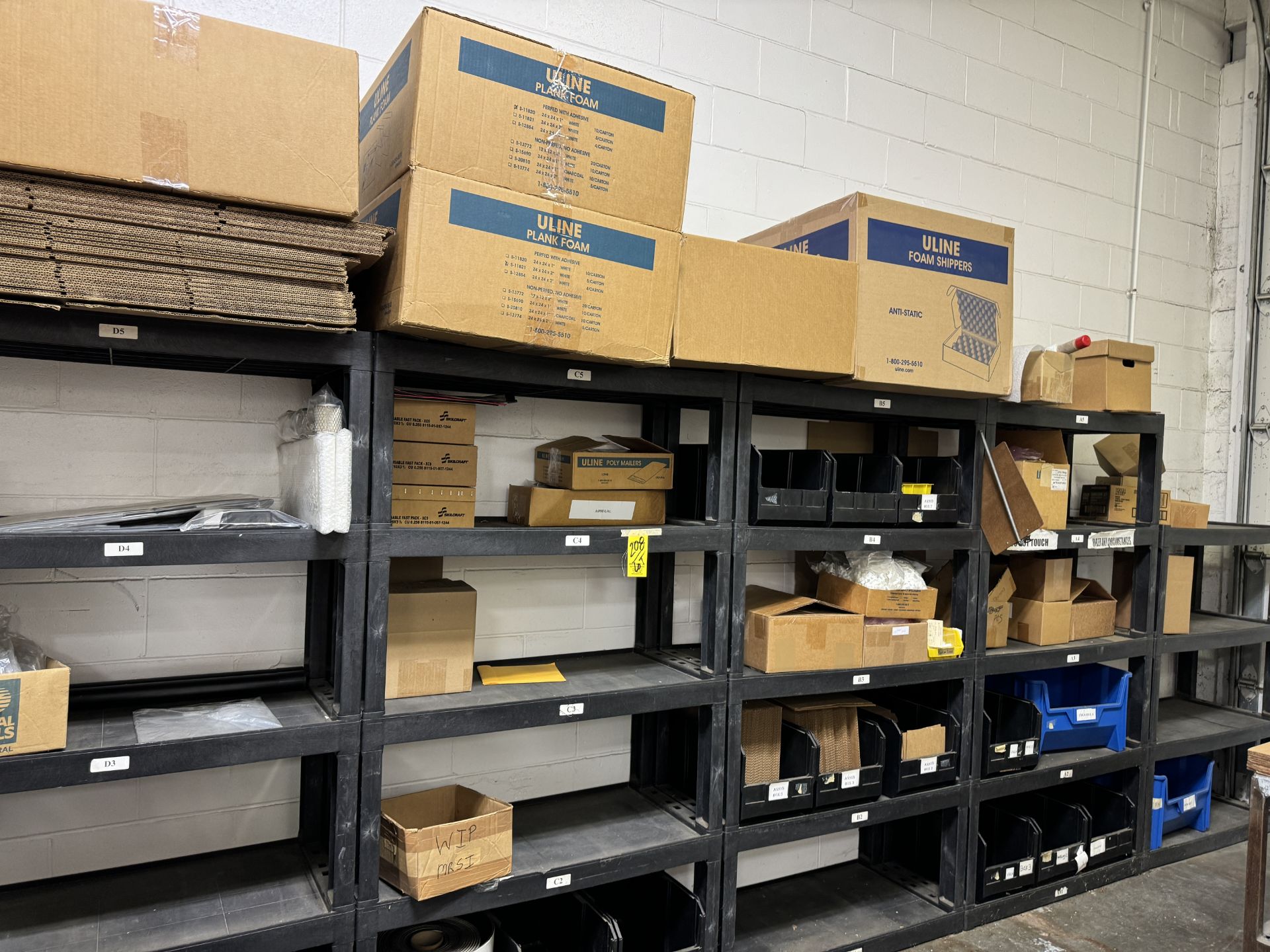 LOT Foam Shippers, Bubble Makers, Uline Plastic Bags, (6) Sections of Plastic Shelving,