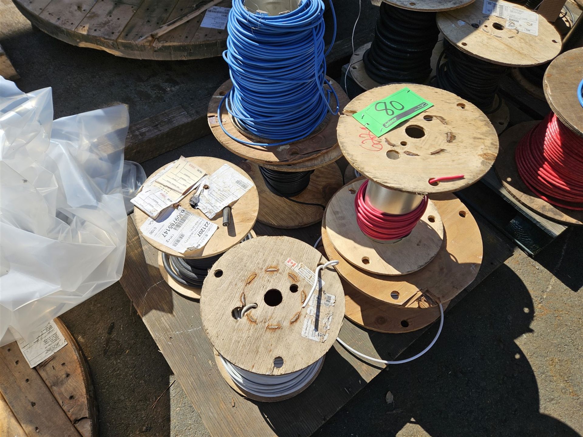 PALLET OF 7 REELS OF ASSORTED ELECTRICAL WIRE - COPPER