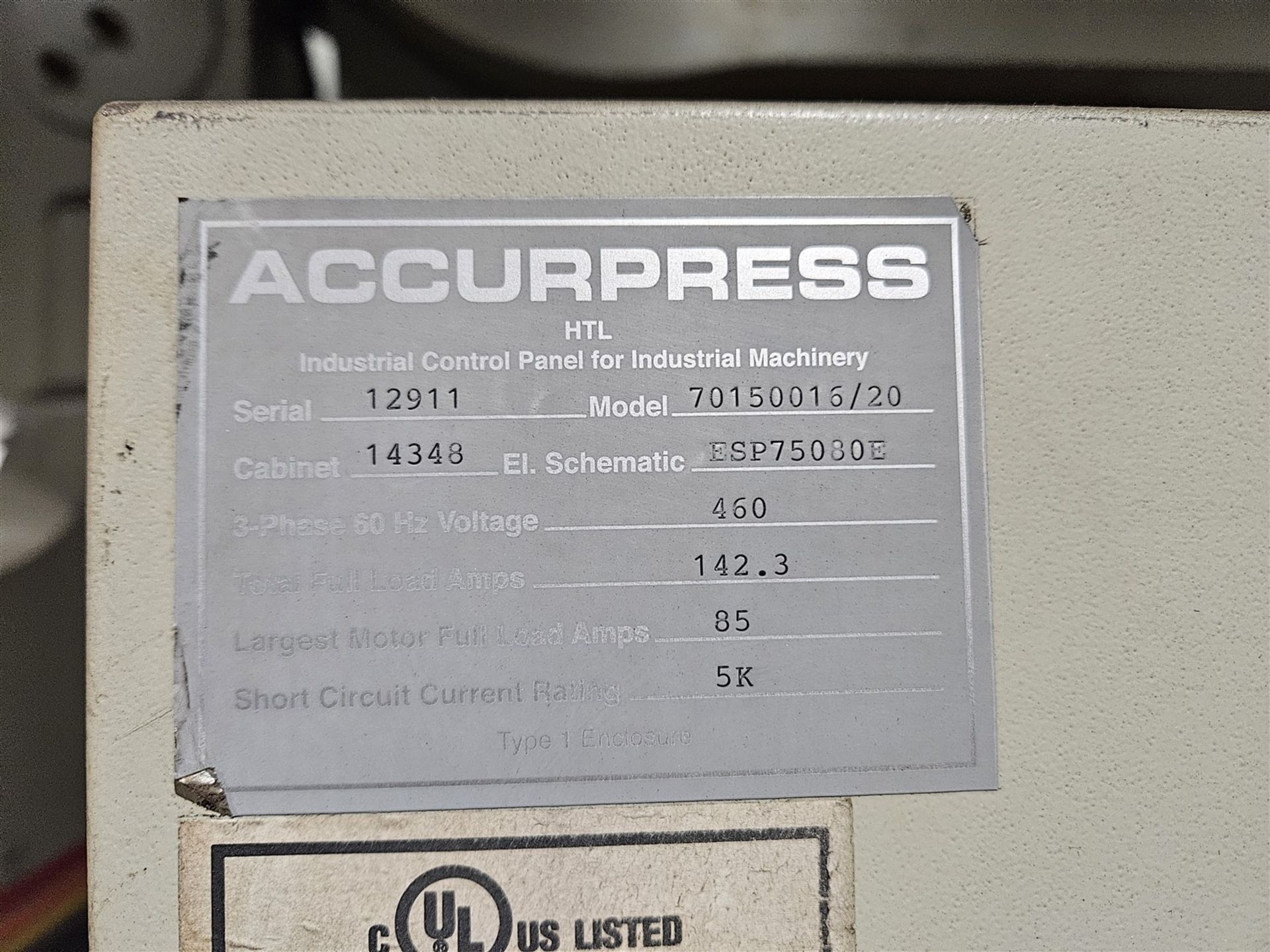 ACCURPRESS - 2018 20 FT. X 1500 TON, MOD. 71500 16/20 S/N 12911, 460/3 PH, CONTROL 120V, 1 PH, 33 - Image 16 of 16