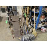 LOT OF CLEANING TOOLS - BROOMS, PUSHBROOMS, SHOVELS, ETC. AND CREEPER