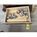 CONTENTS OF 2-DRAWERS: 8-HEAVY DUTY CASTERS, ADDING MACHINE, MISC. HARDWARE