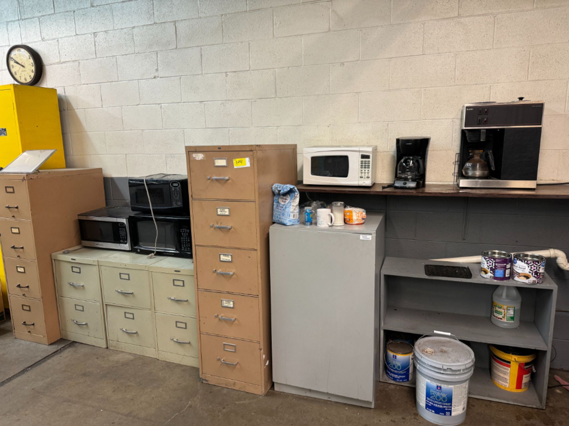 File Cabinets, Microwaves, Coffee Maker Cabinets w/ Shop Rags