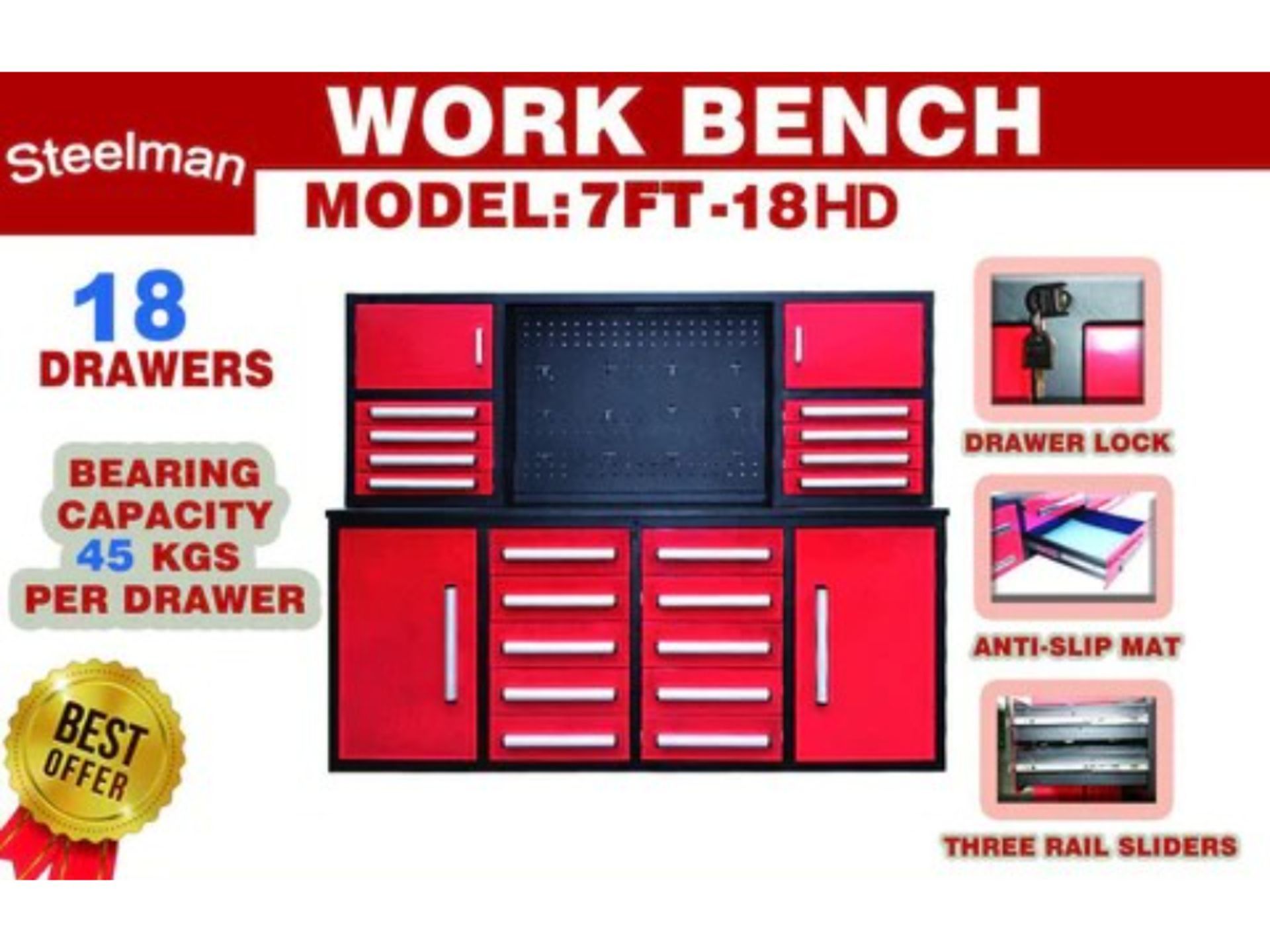 Steelman 7' 18 Drawer Toolbox Workbench w/ Upper - Image 5 of 9