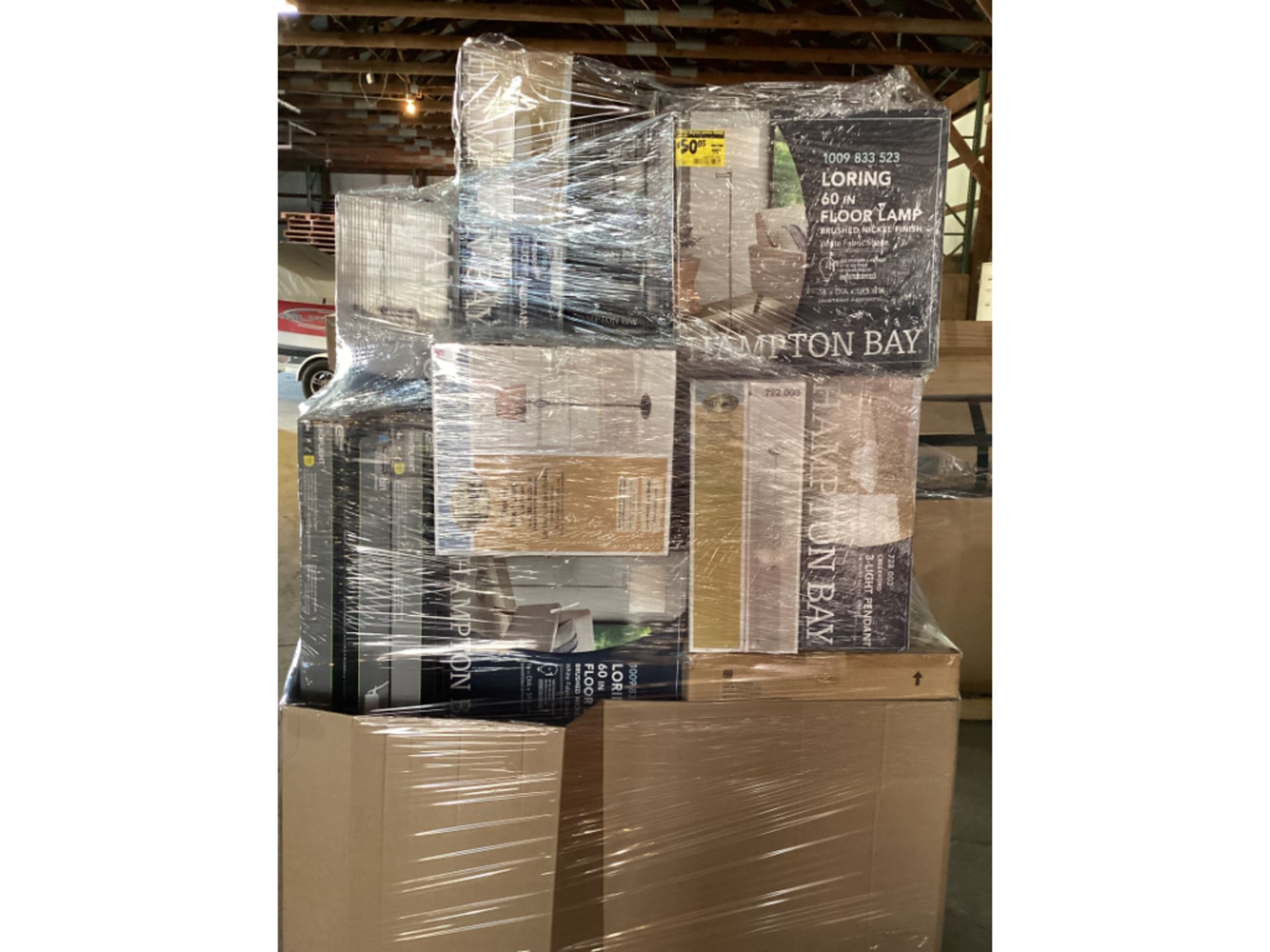 Overstock Pallet W/ Hampton Bay Chandeliers, Floor Lamps, Pendants, Commercial LED Shop Lights - Image 14 of 16