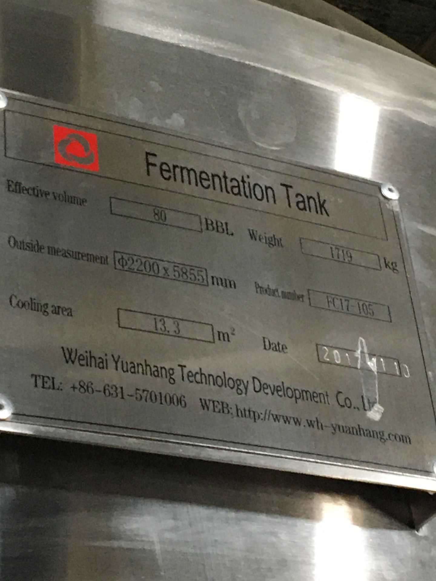 80-BBL Minnetonka Fermentation Tank, Model 80-BBL, Year 2017, Stainless Steel; Vessel store wort and - Image 15 of 17