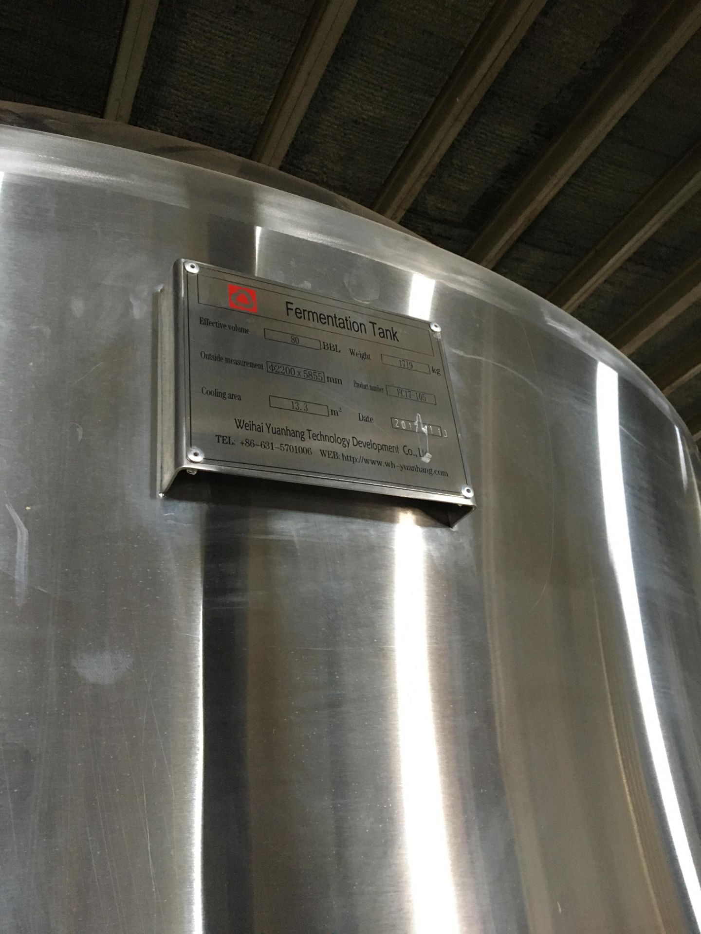 80-BBL Minnetonka Fermentation Tank, Model 80-BBL, Year 2017, Stainless Steel; Vessel store wort and - Image 14 of 17