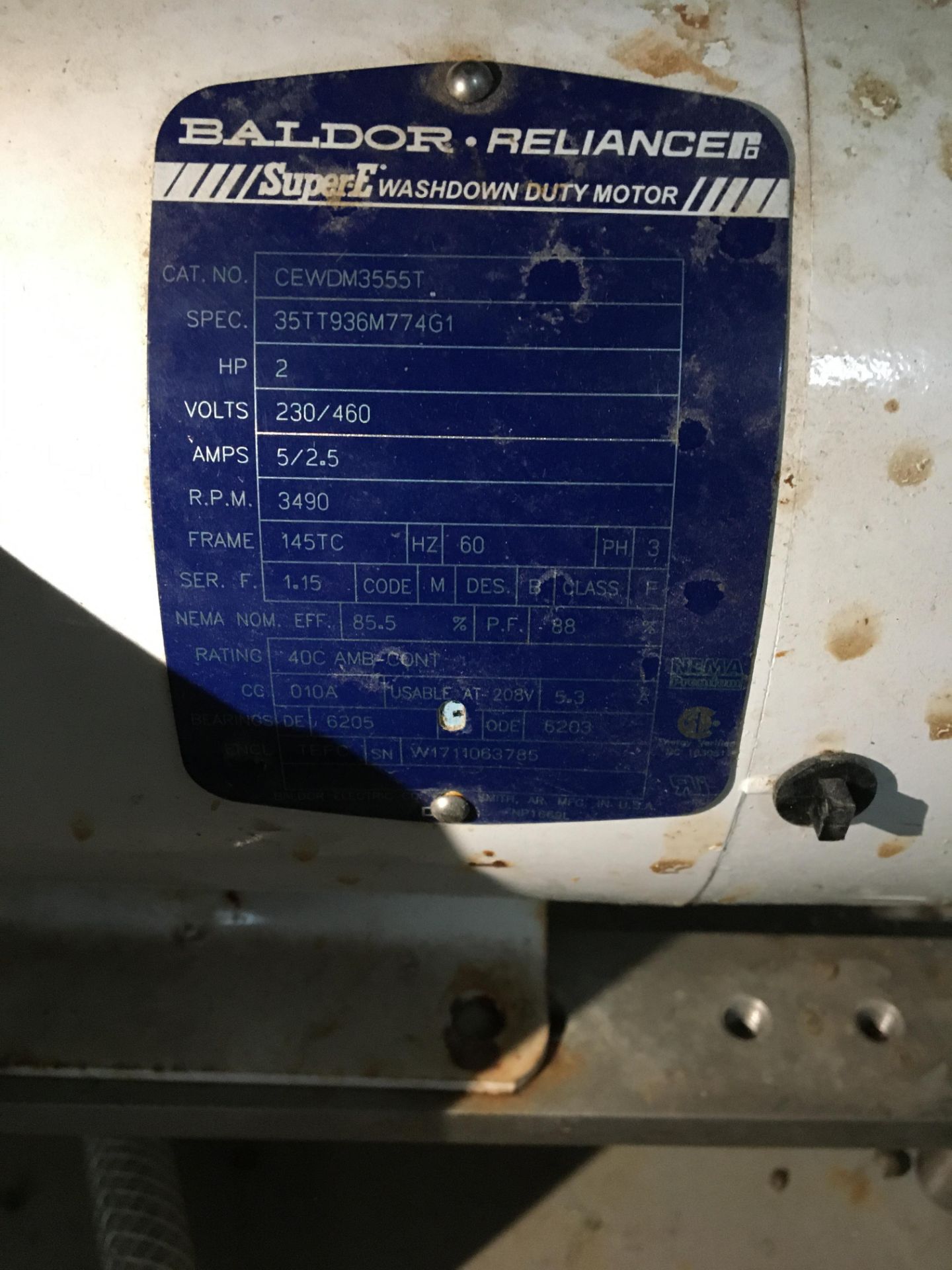 (5) Baldor-Reliance 2 HP Motors, Model 35TT936M774G1, Serial Number W1711063910, W1711063786, - Image 10 of 27