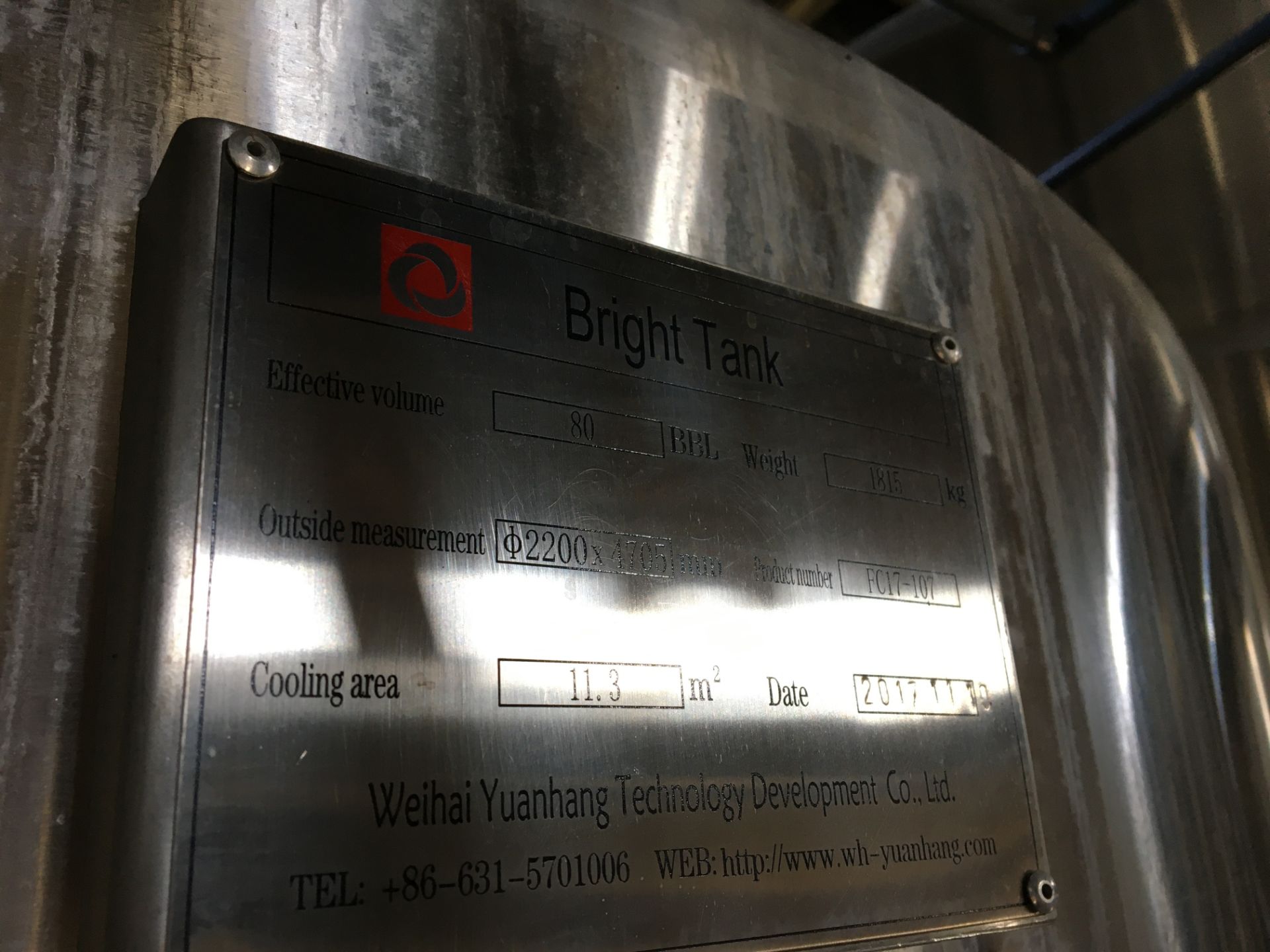 80-BBL Minnetonka Bright Tank Stainless Steel; storage for finished beer, Contains A 0-85 Psi Gauge, - Image 12 of 15