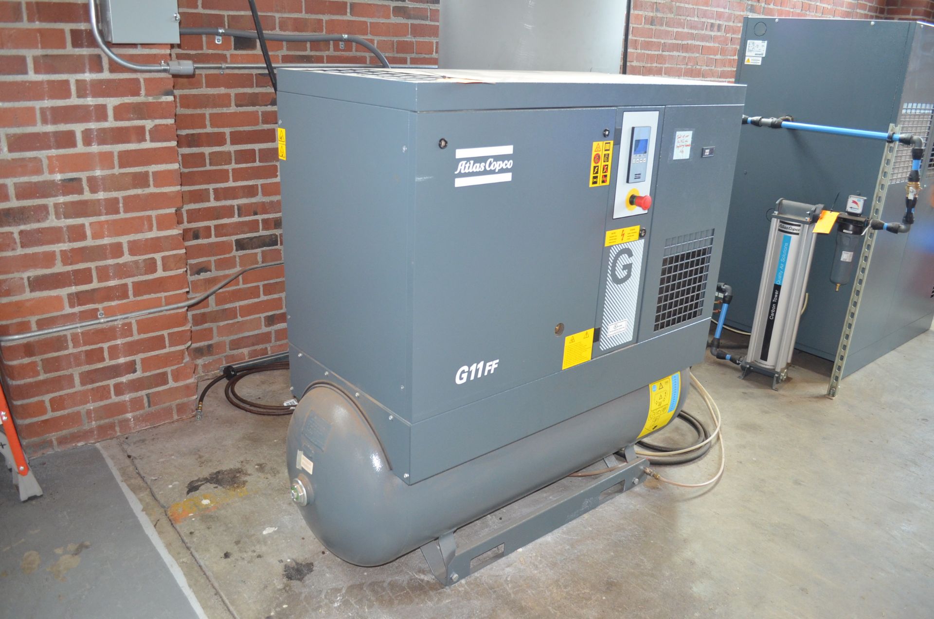 Atlas Copco Mdl G11FF, 15 HP Tank Mounted Rotary Screw Air Compressor. Working Pressure-125 PSIG-