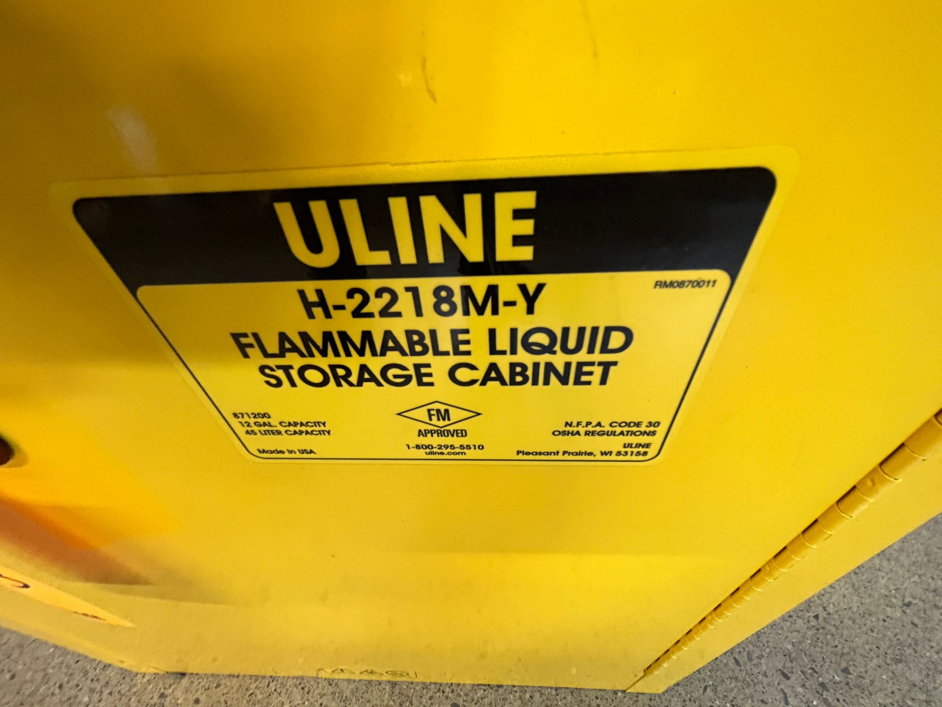 Uline Mdl H-2218M-Y, 12 Gallon Capacity Flammable Materials Storage Cabinet - Image 3 of 6